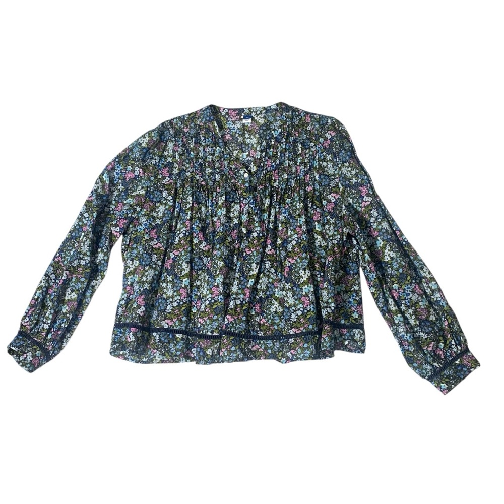 Old Navy Pintuck Button Down Shirt Women XL Blue Floral Long Sleeve Top Blouse
